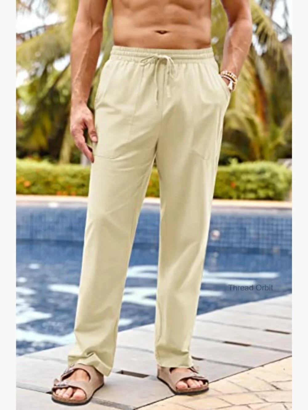 Men's Cotton Linen Pants Elastic Waist Drawstring Casual Trousers Straight Leg